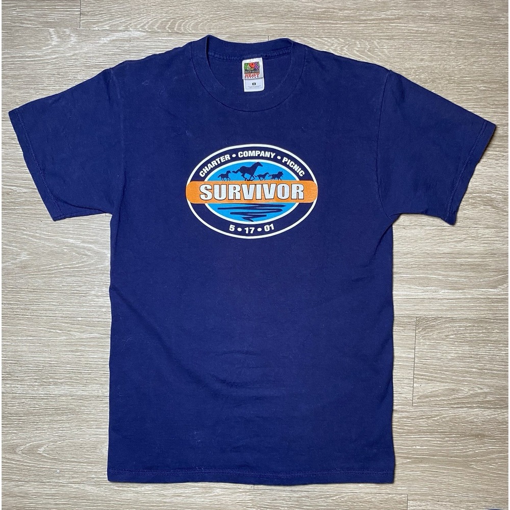 Vintage 2001 Y2K Survivor "Cook Islands" Blue T-Shirt Men's Size MEDIUM